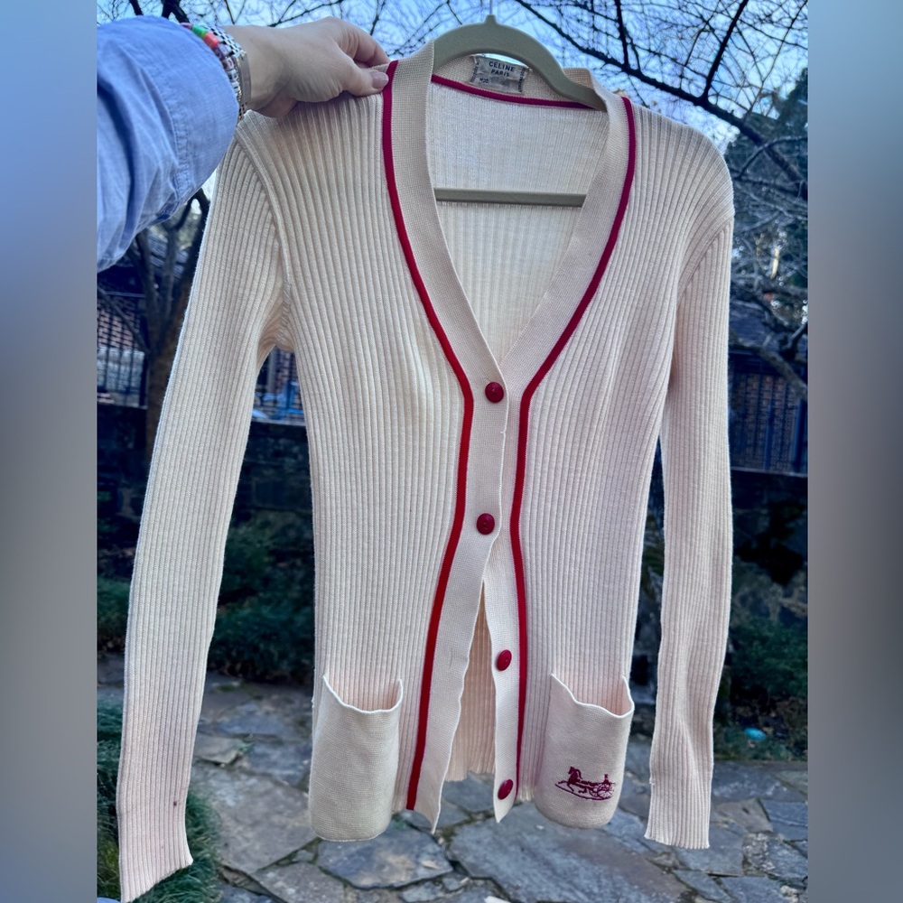 CELINE Vintage 1970’s rare “old Celine” Cream Cardigan with Red Trim + Logo